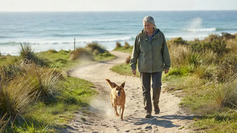 An older man walking his dog along a sandy coastal track